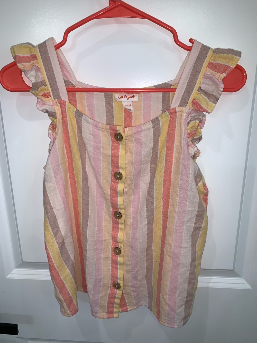 Cat & Jack Pink, Yellow & Tan Striped Ruffle Strap Girls Top
